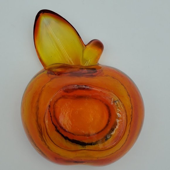 Orange Gold Glass Apple Dish Art Glass Trinket Candy Desk Dish Ring Holder - Picture 7 of 7